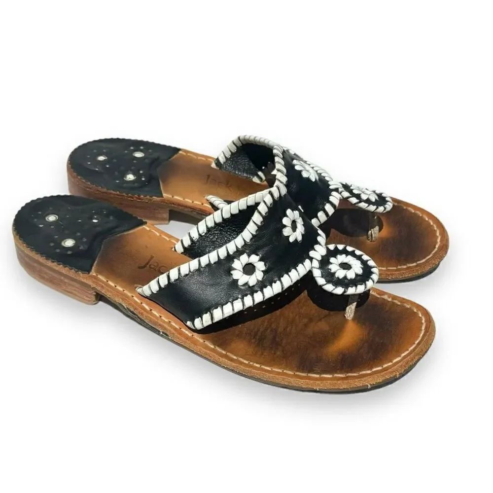 Jack Rogers Classic Whip-Stitch Palm Beach Leather Thong Sandal Black & White 8M